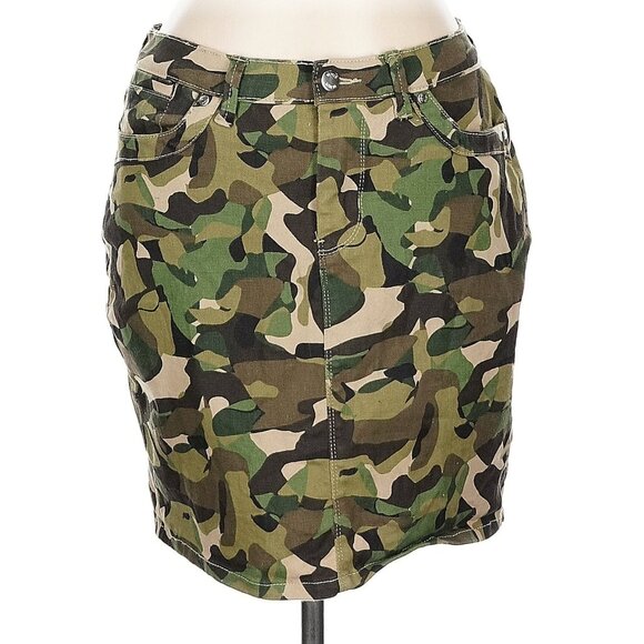 VENUS Mini Jean Skirt Olive Green Camo Camouflage High Waisted Y2K Denim Skirt 4 - Picture 1 of 12